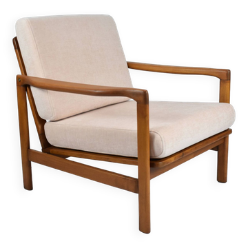 Fauteuil restauré des années 60, rose, bois de teck