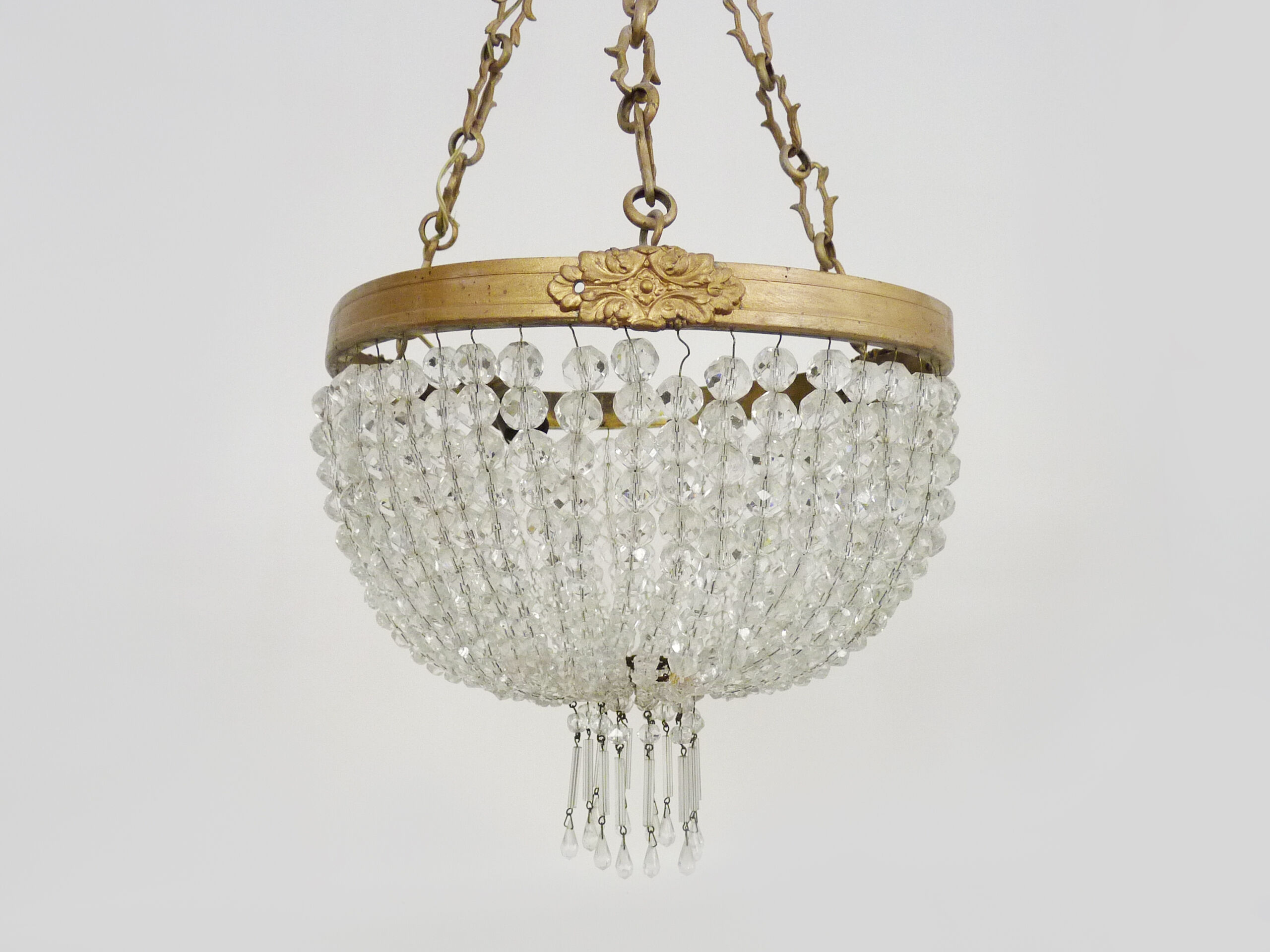 Old chandelier basket Napoleon III glass tassels, bronze structure. Chandelier tassels