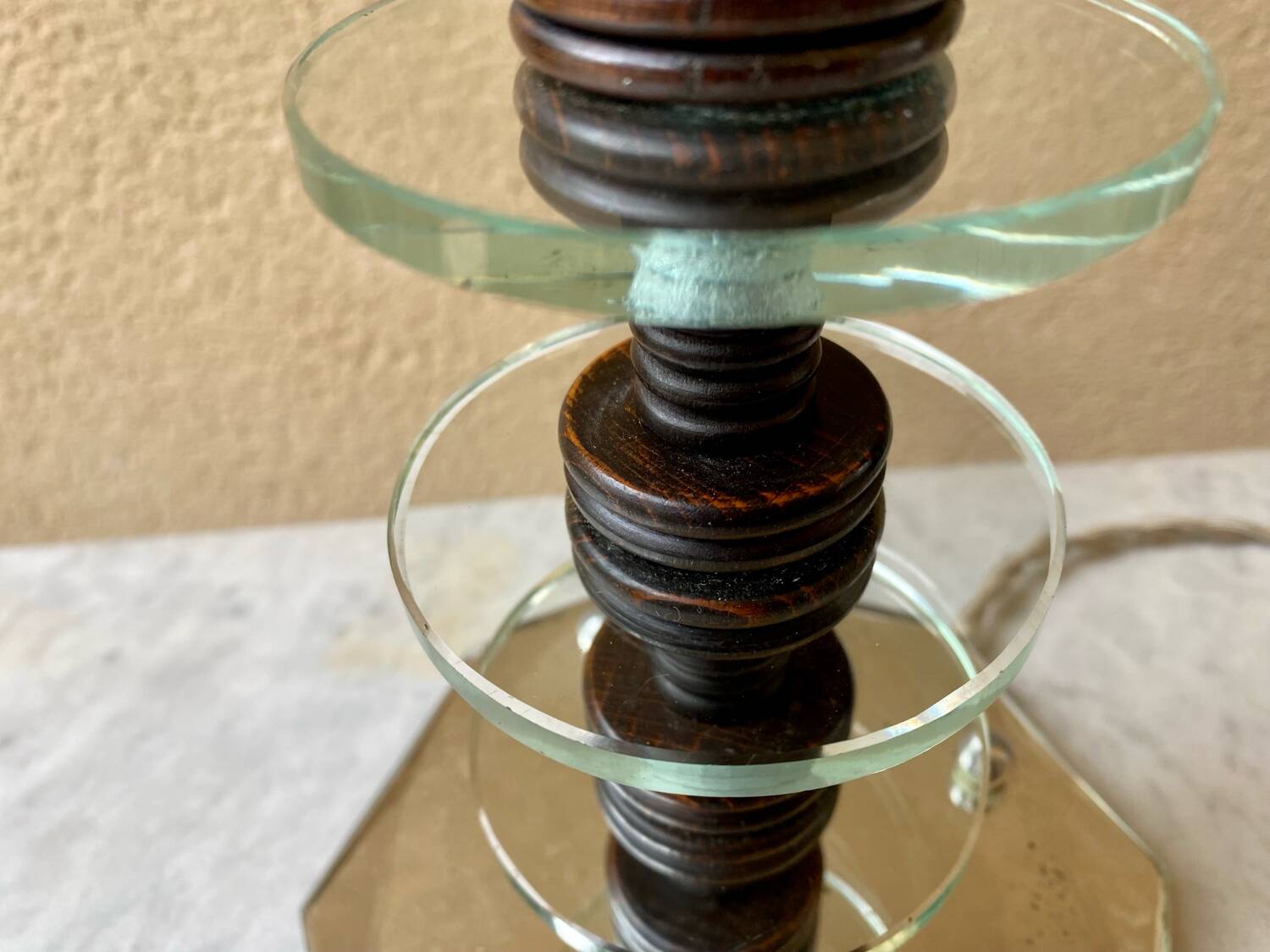 Art deco mirror glass & wood lamp base modernist design