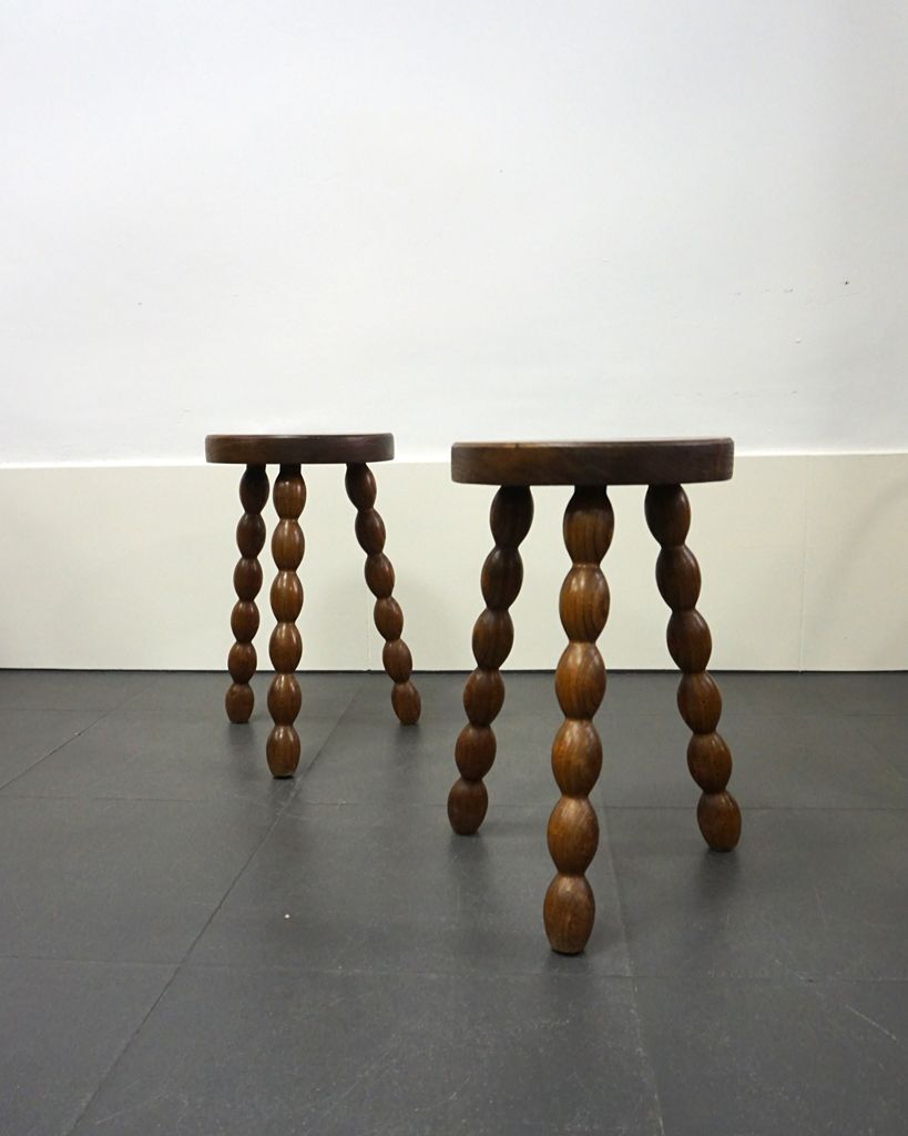 Pair of turned stools in brutalist style