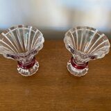 Paire Ancien Vase Taillé Transparent + Rouge Décoration Vintage