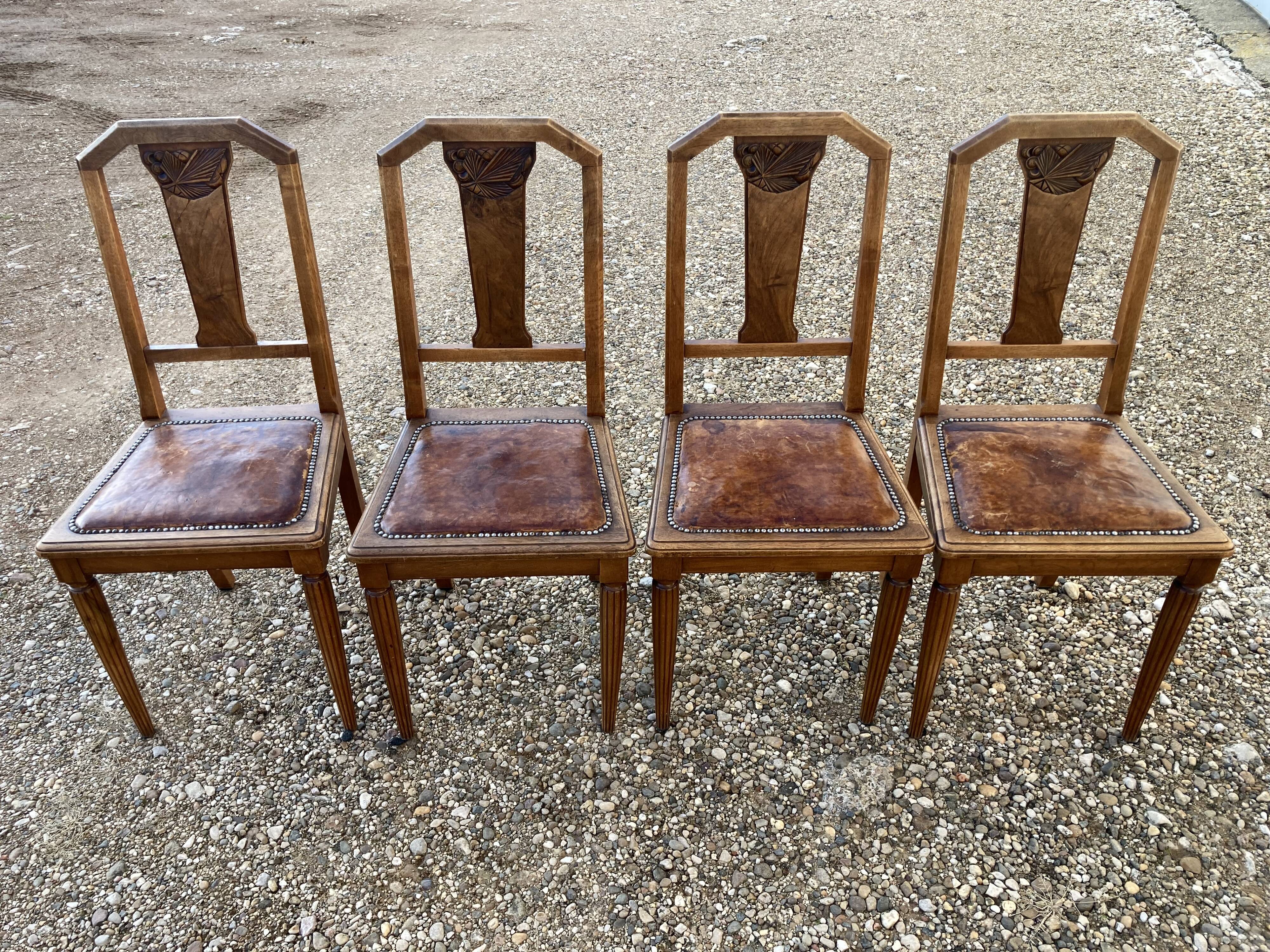 4 chaises art déco assise cuir