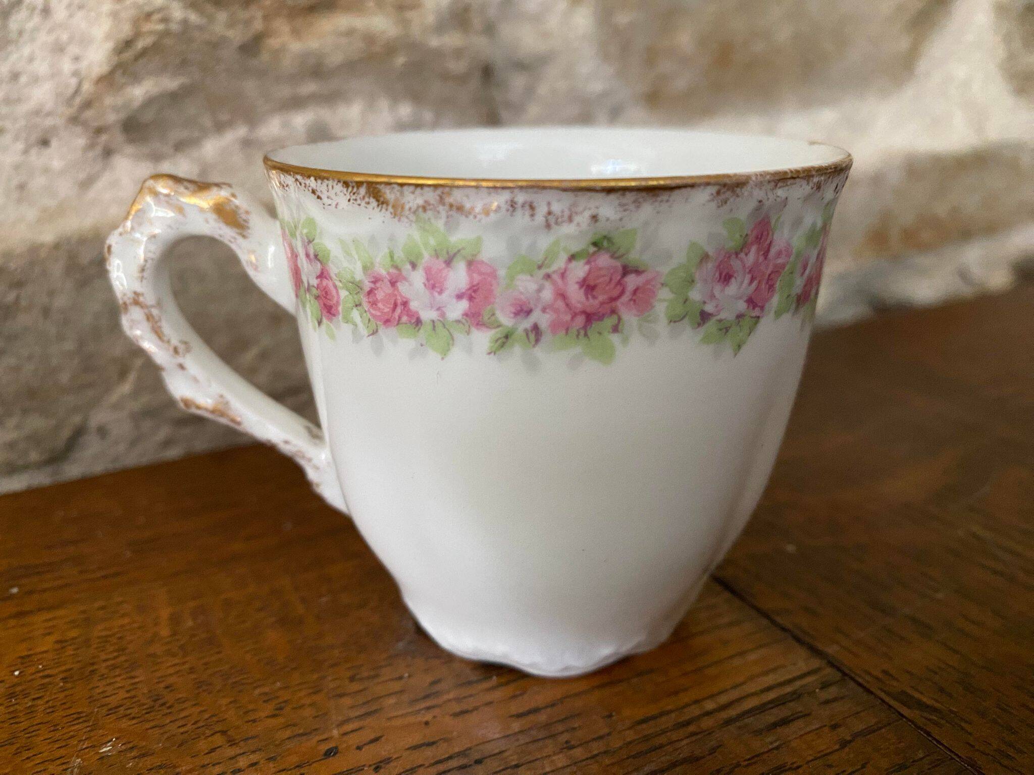 Cup and saucer Limoge porcelain decoration frieze of roses