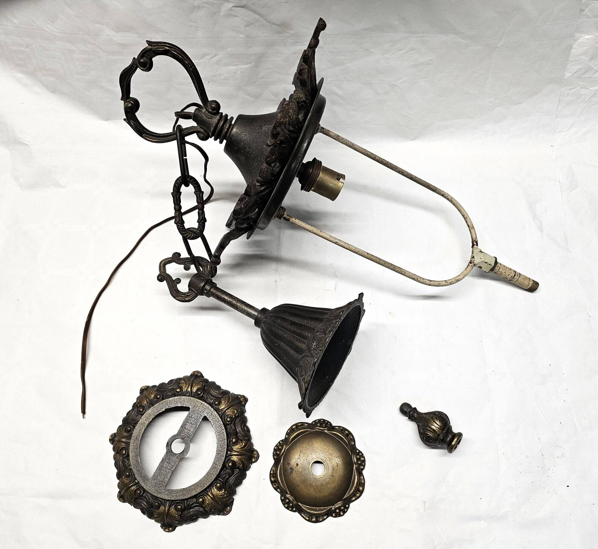 Antique French Victorian style bronze and purple glass pendant light