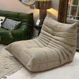 Togo Ligne Roset armchair by Michel Ducaroy in mocha, taupe, and beige bouclette