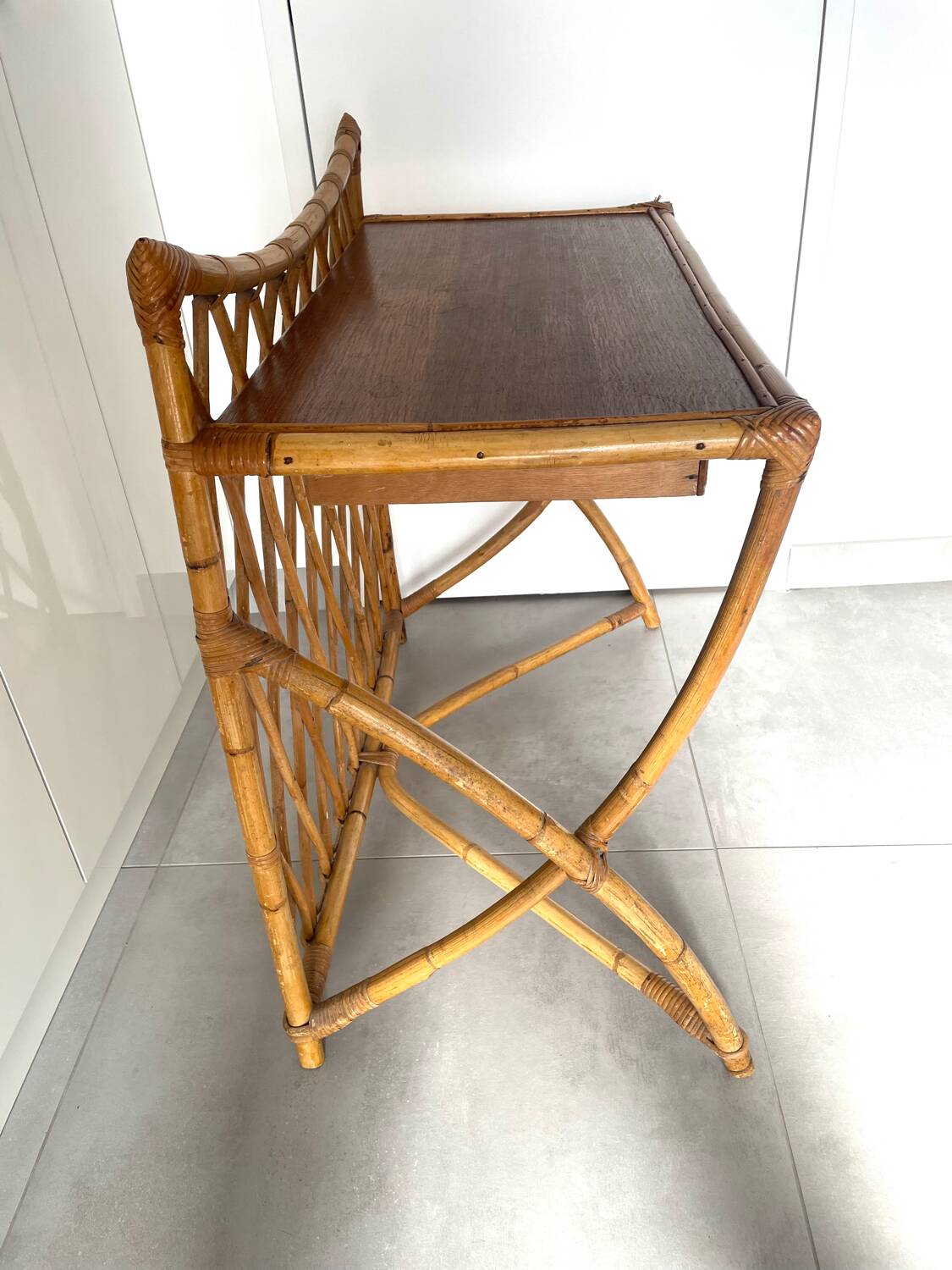 Bamboo and rattan desk and stool