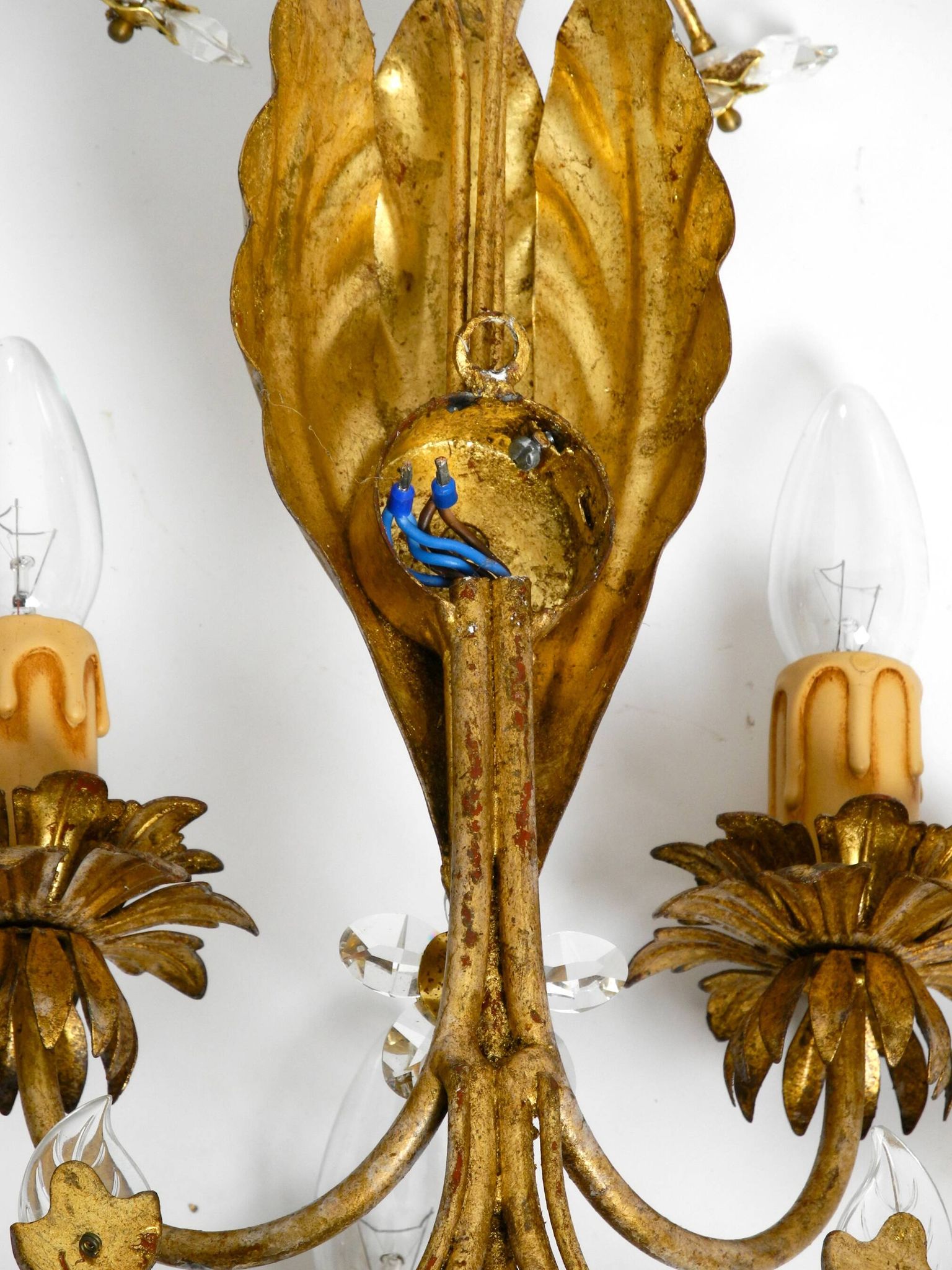 Pair of gold plated Italian 1980's floral Regency Murano glass sconces