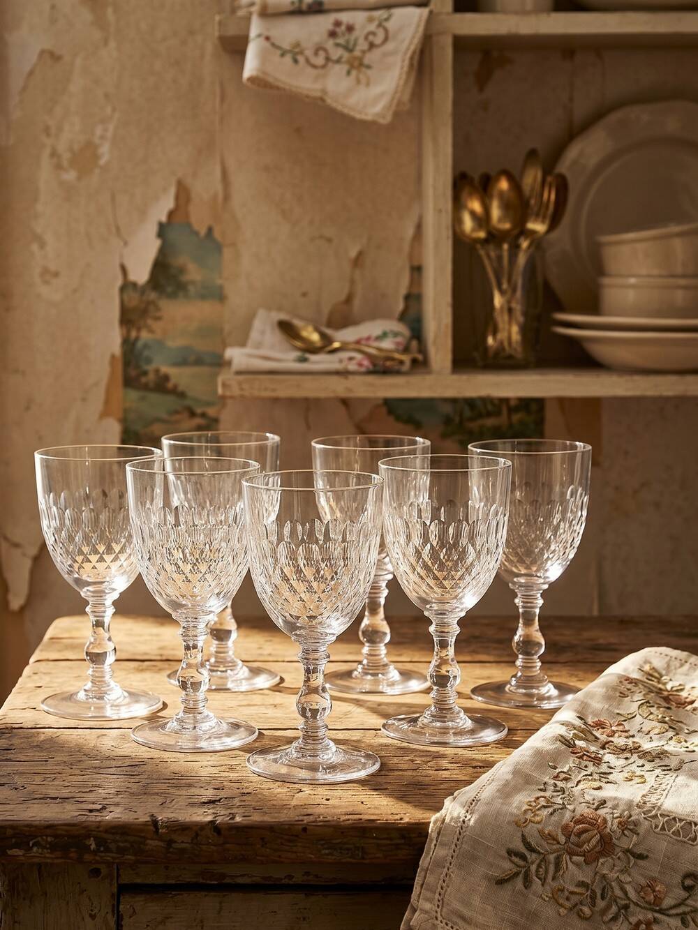 Set of 7 cut crystal port glasses by Baccarat, Richelieu variant.