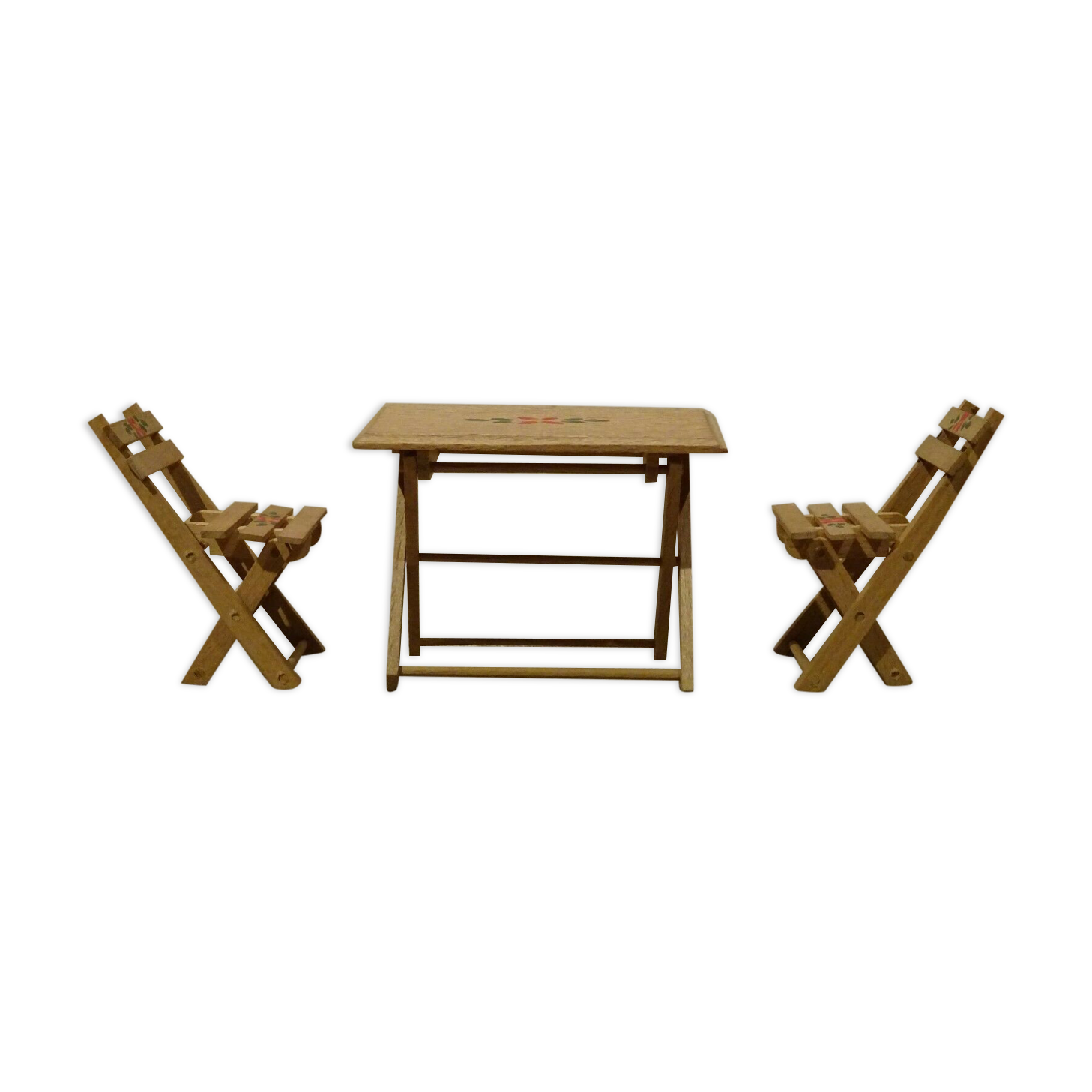 Old miniature doll table furniture and 2 folding garden furniture chairs