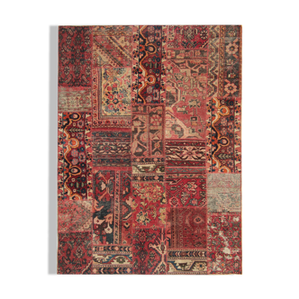 Refurbished oriental patchwork carpet handmade red wool area rug- 151x208cm