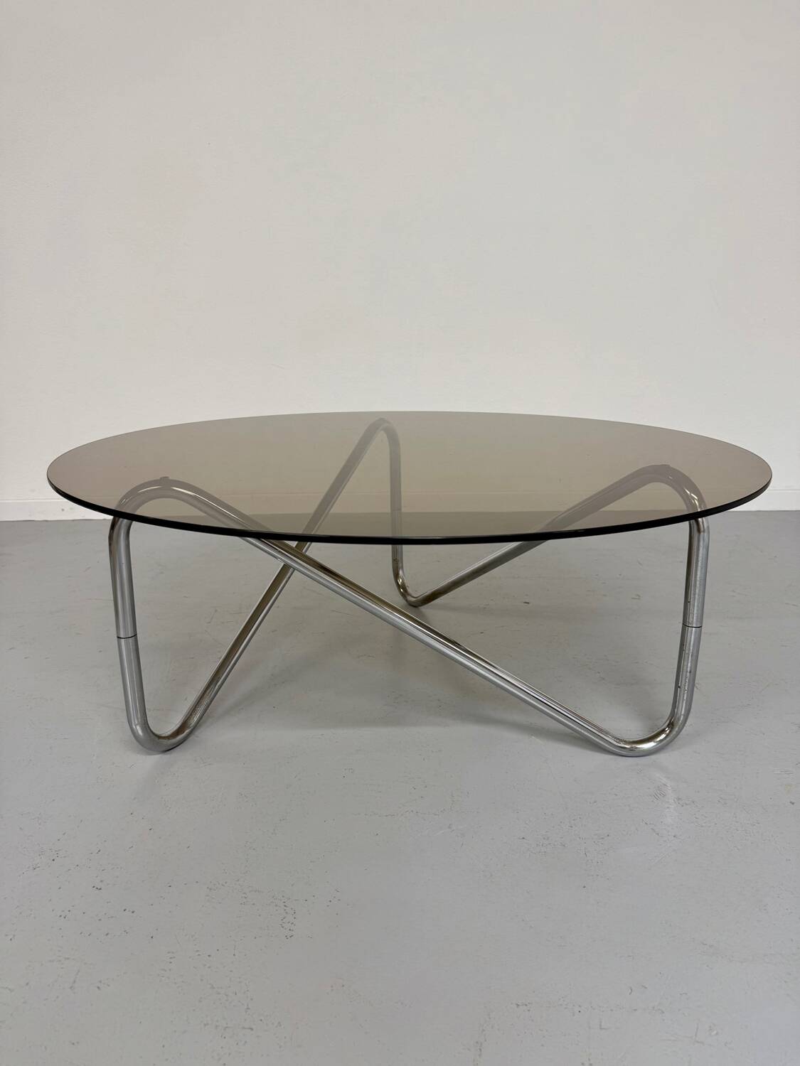 Tubular coffee table and smoked glass, French design, vintage 60s