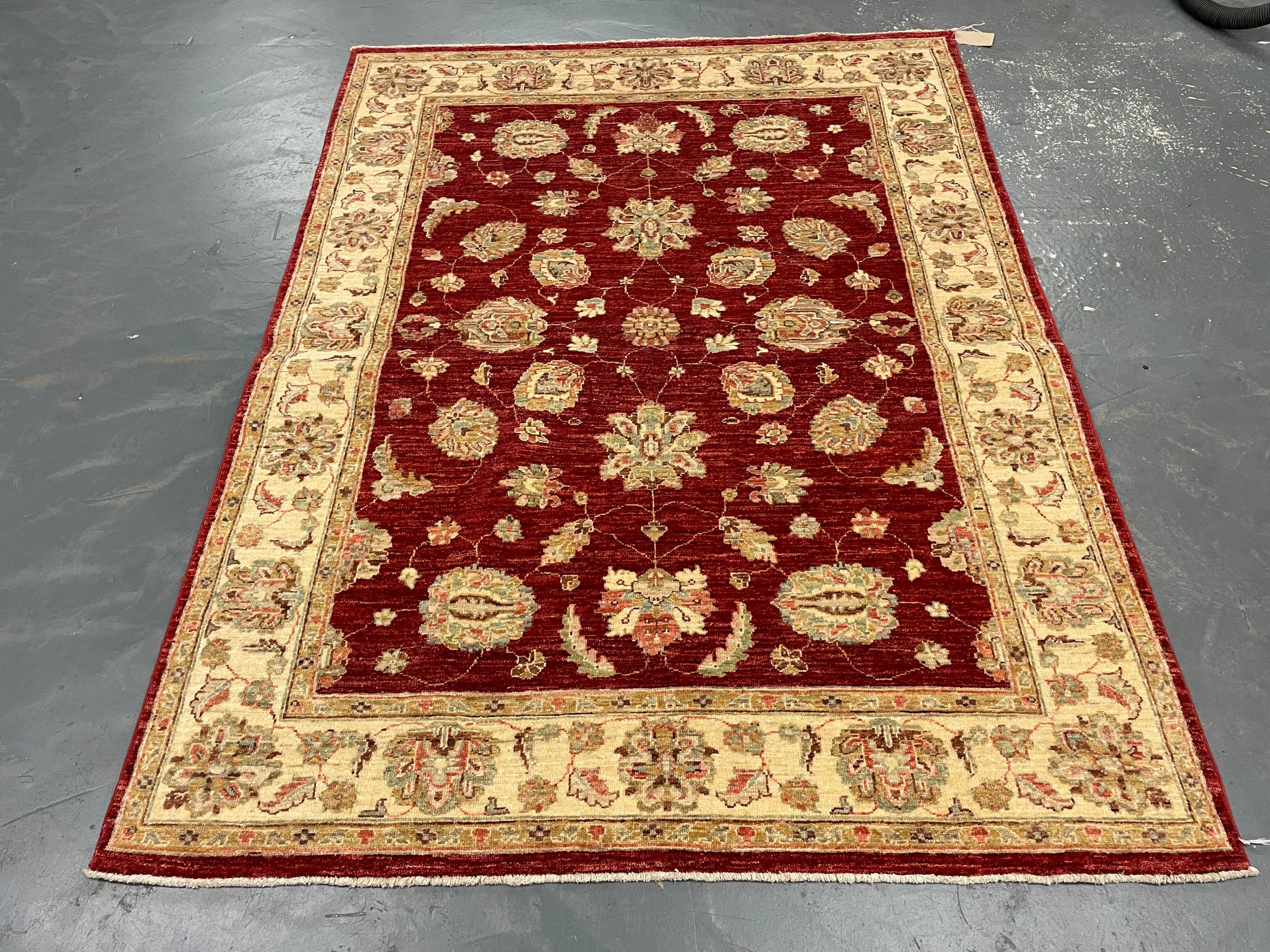 Tapis Zeigler en laine rouge fait main, motif floral, pour salon et séjour, 144 x 190 cm