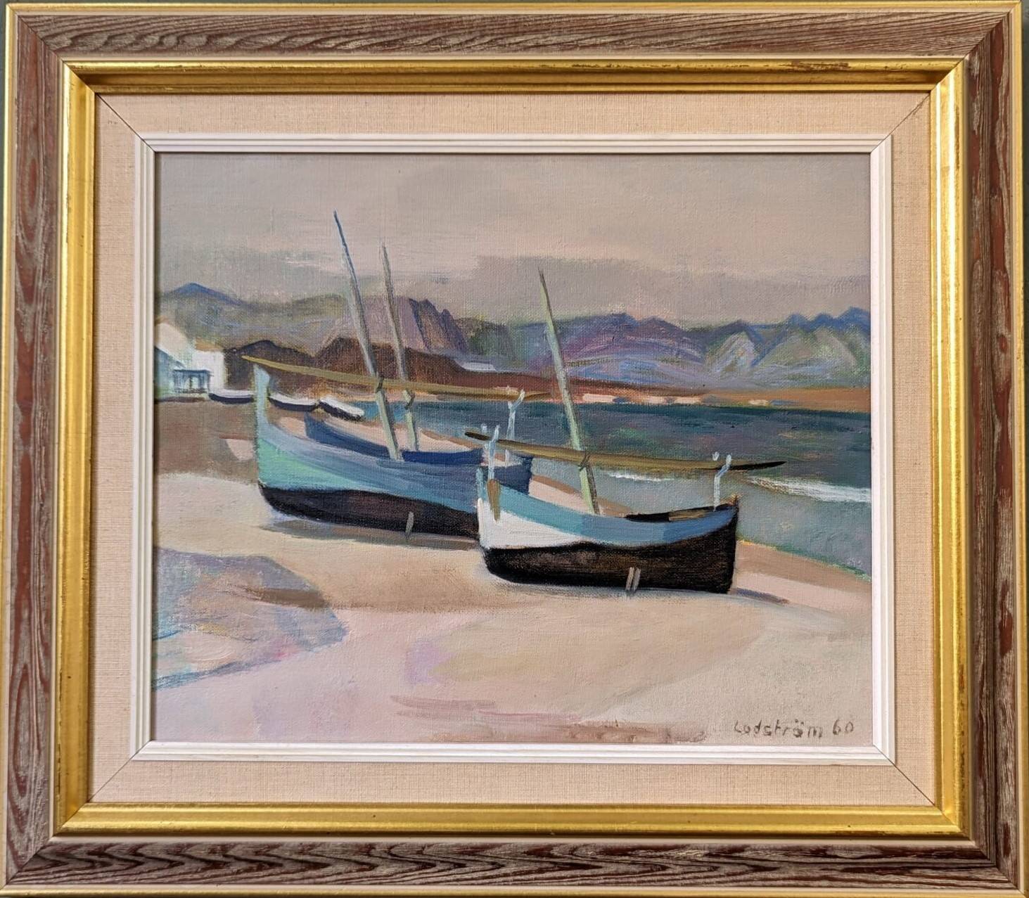 Mid-Century Modern Swedish "Calm Shore" Vintage Coastal Oil Painting, Framed