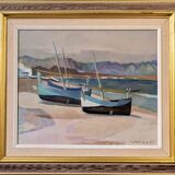 Mid-Century Modern Swedish "Calm Shore" Vintage Coastal Oil Painting, Framed