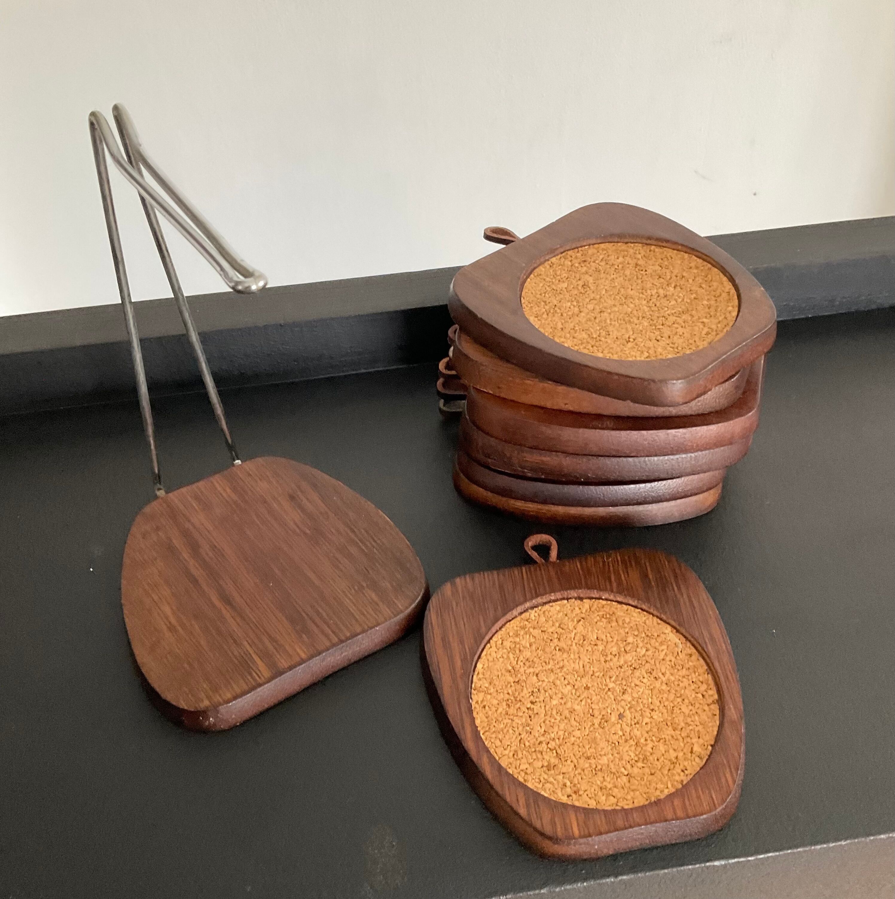8 dessous De verre vintage en bois années 70 avec son support