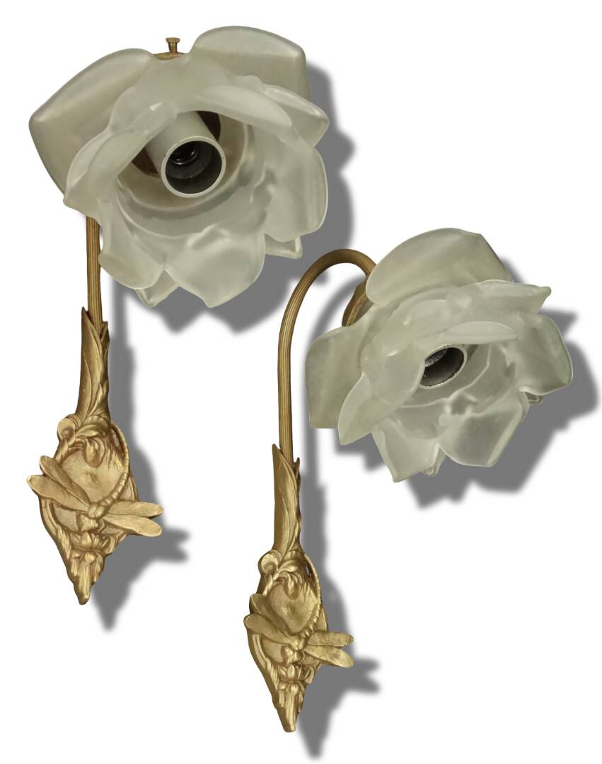 Pair of dragonfly wall sconces from the Art Nouveau period - bronze by Charles Ranc