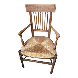 Antique Straw Chair / Armchair with 2 Armrests