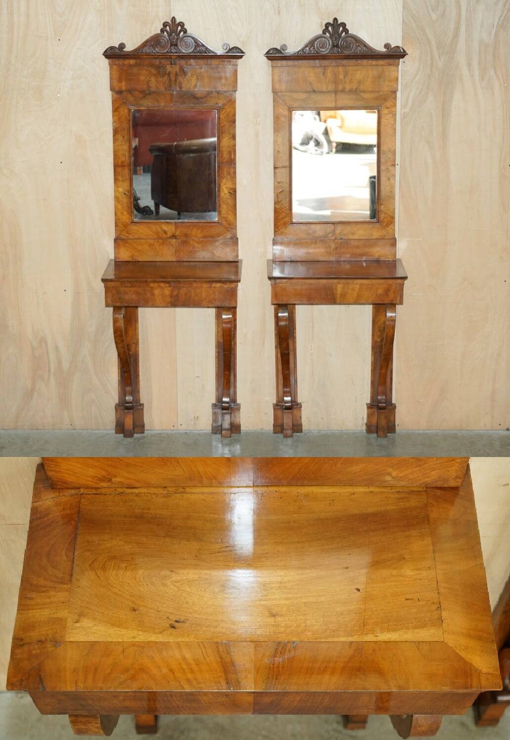 Pair of restored antique consoles from around 1815 in walnut, Regency style with mirror.