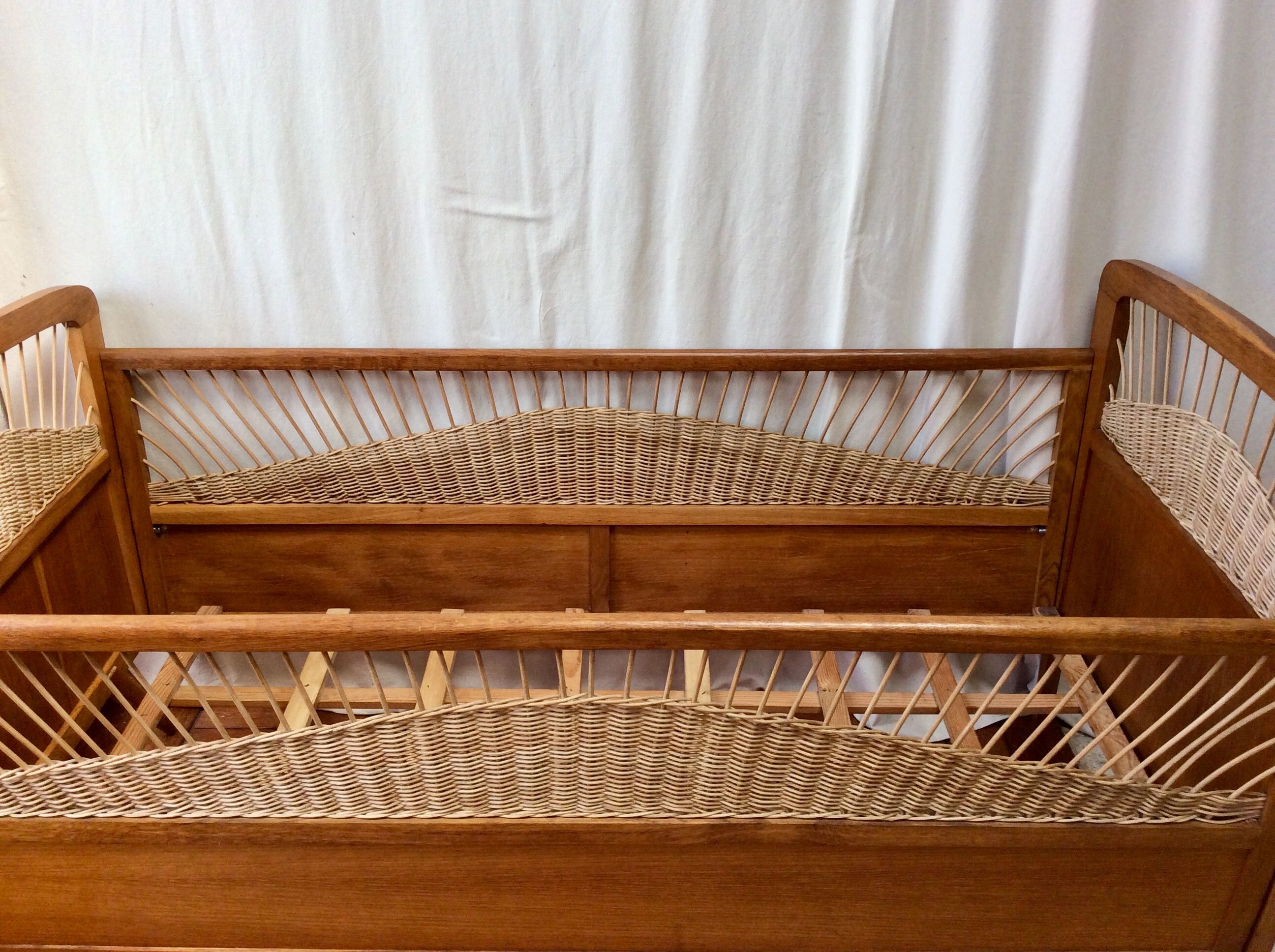 Baby bed rattan and wood vintage 50s