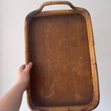 Vintage wooden and rattan tray with bamboo handle, bohemian style, wabi sabi, year