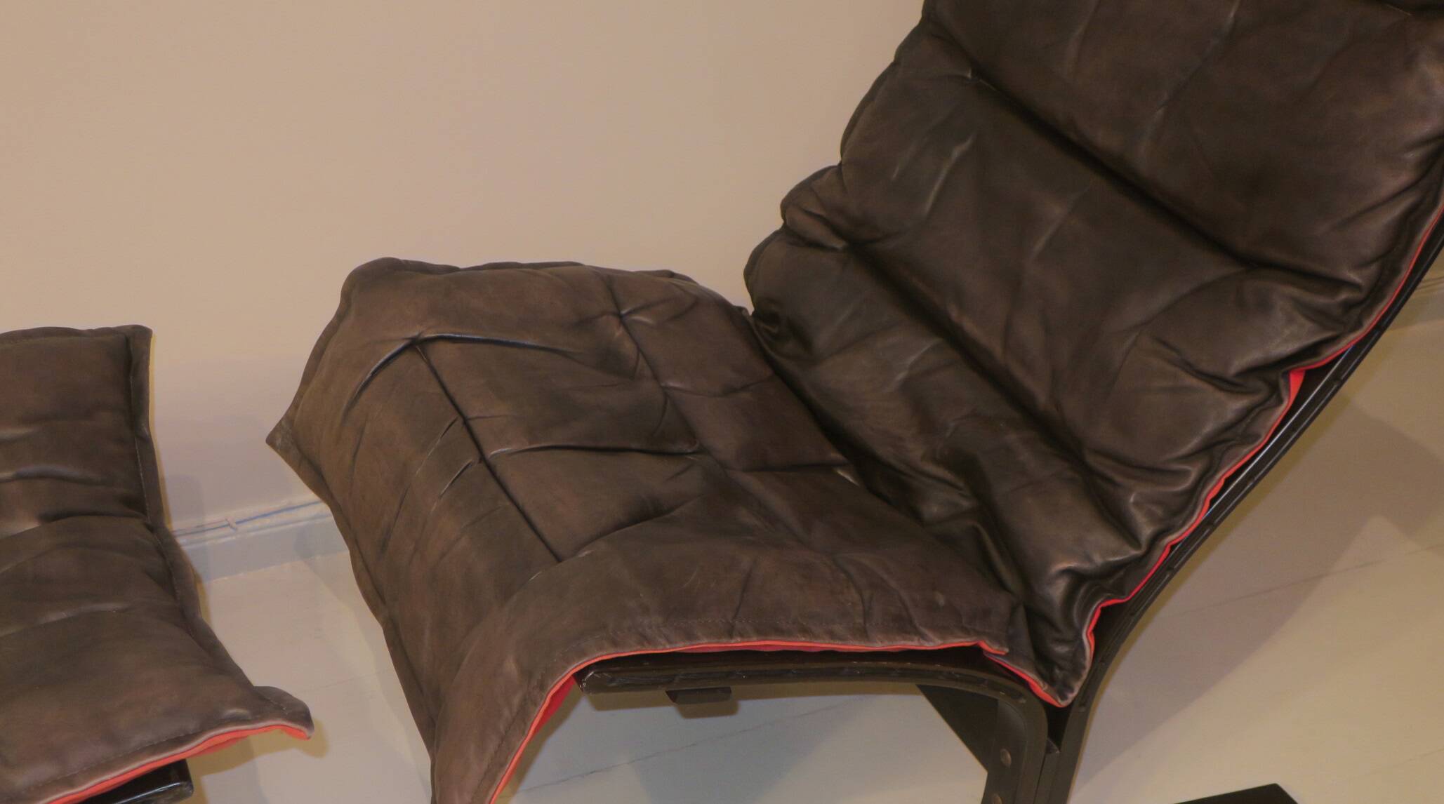 Westnofa patinated leather lounge chair with footrest, Norway 1960s