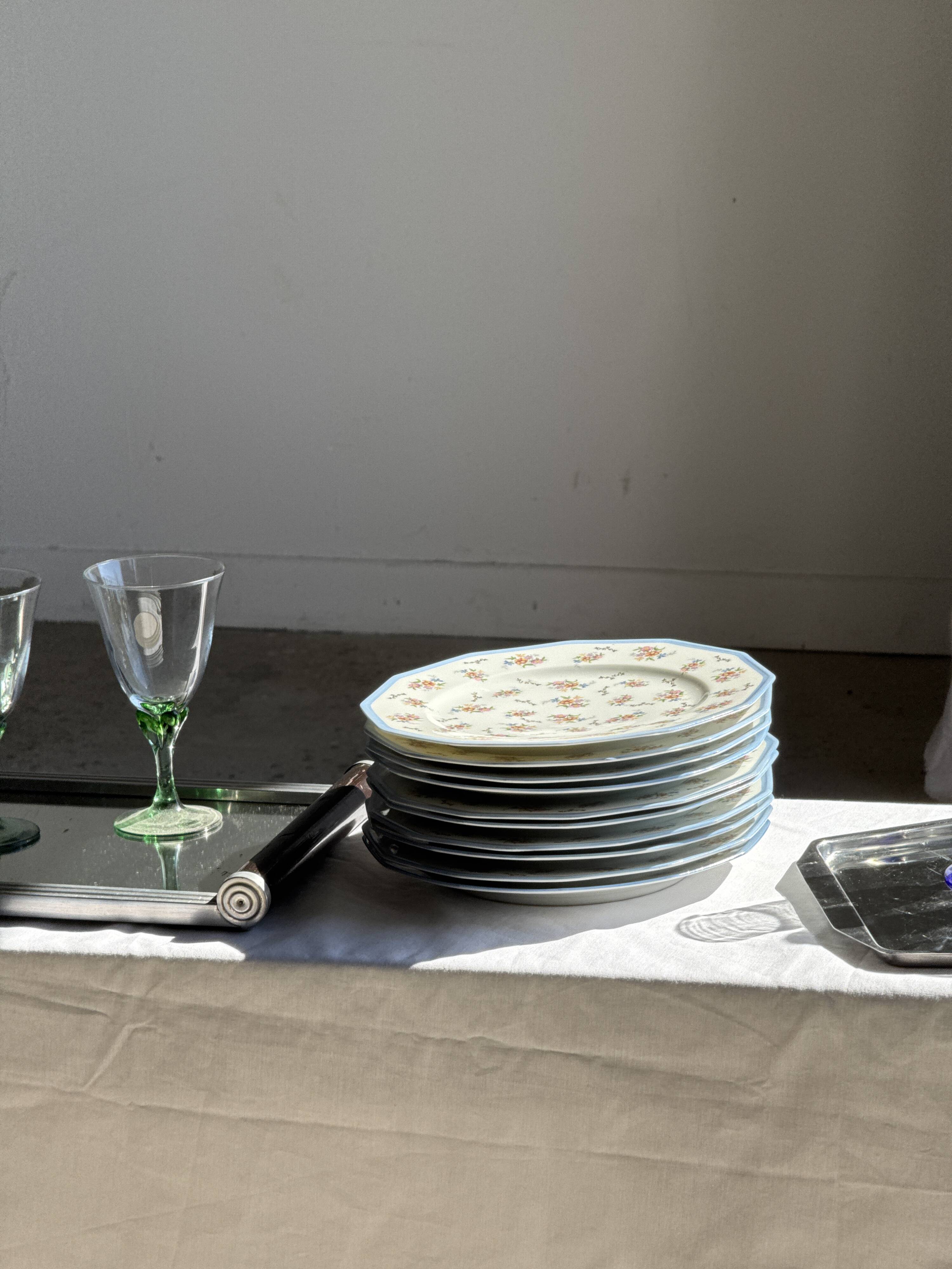 Set of 10 flat plates in Limoges porcelain from France with flowers.