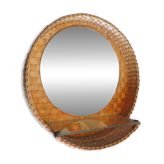 Vintage rattan wall mirror with glass shelf