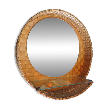 Vintage rattan wall mirror with glass shelf