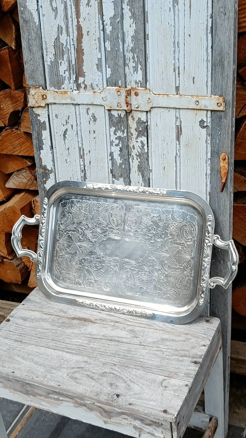 Silver metal serving tray