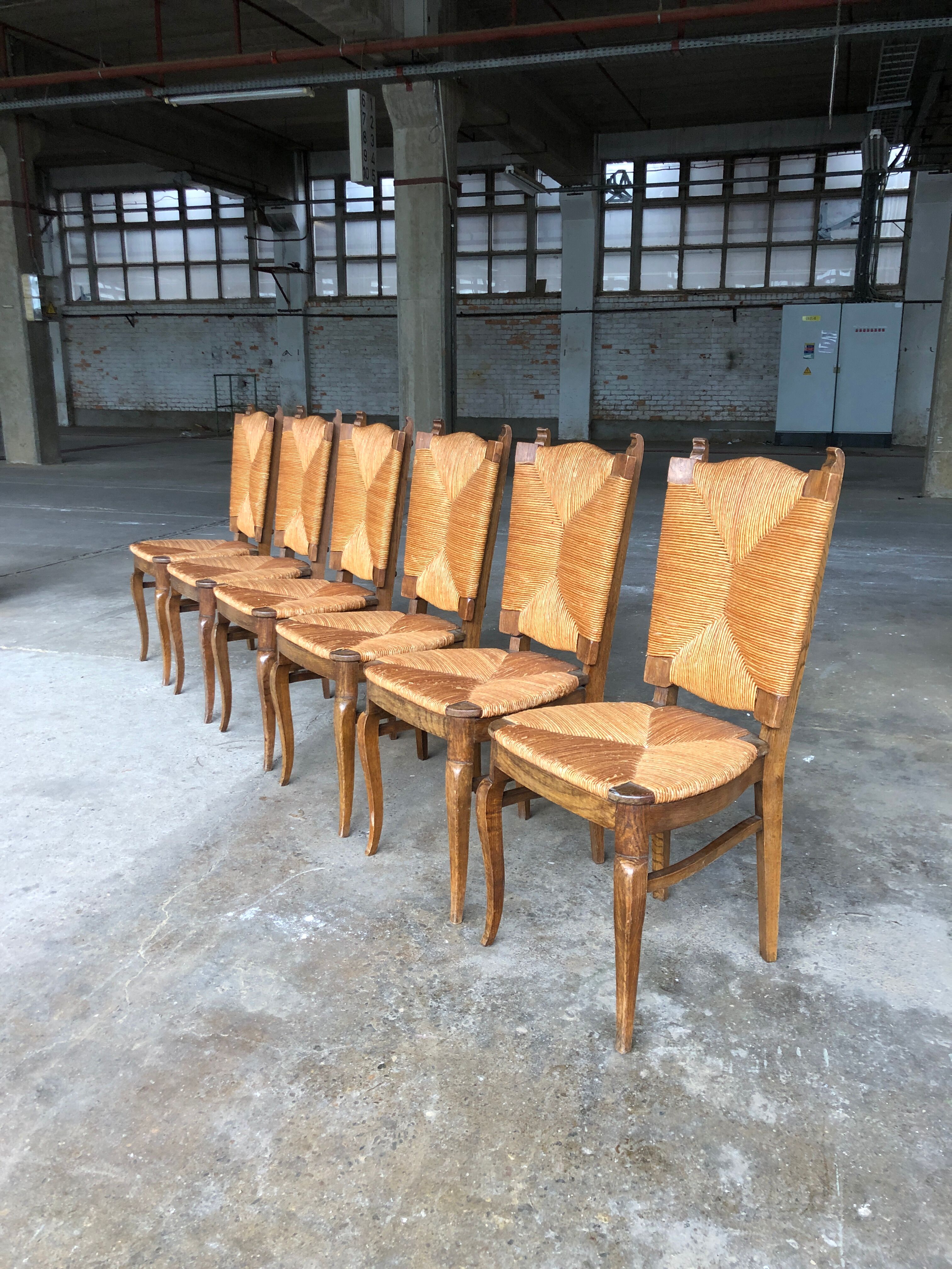 Dining chairs with rush made of oak wood, France 1950s, Set of 6