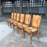 Dining chairs with rush made of oak wood, France 1950s, Set of 6