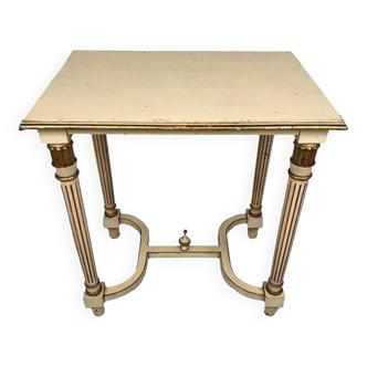 Small Louis XVI style table in cream lacquered wood with gold trim, mid-20th century