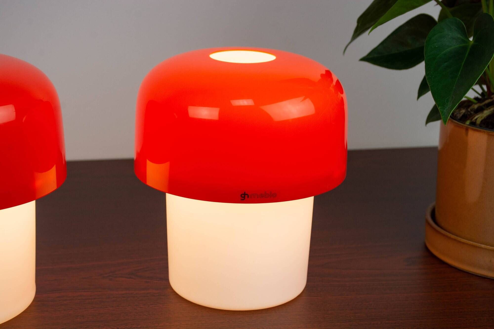 Set of 2 Space Age Orange Meblo Mushroom Table Lamps, Guzzini, 1970s
