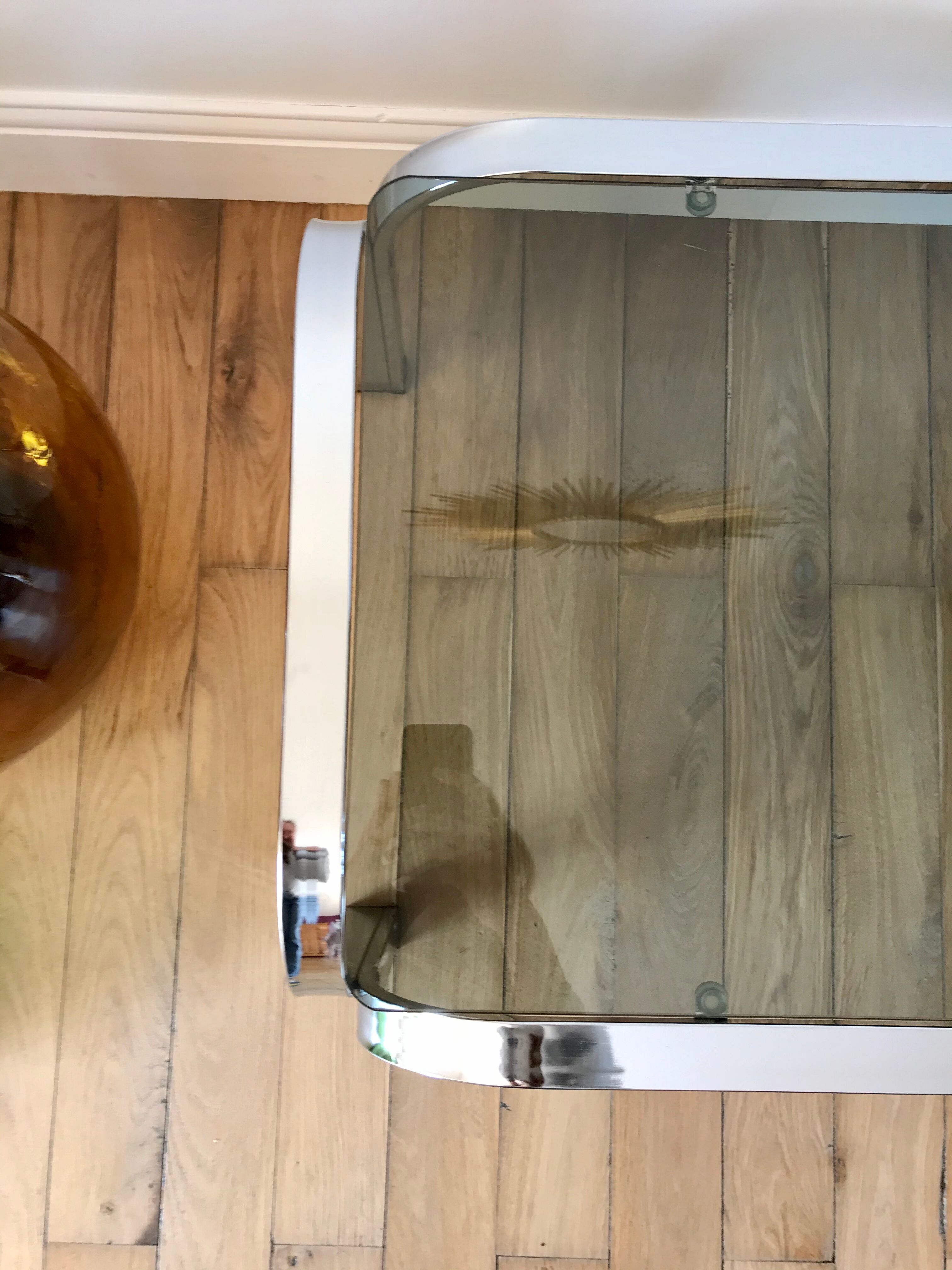 Coffee table in smoked glass and chrome 70s