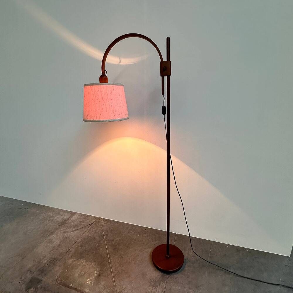 Mid-century modern adjustable teak arc floor lamp with fabric shade, 1960s