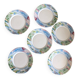 6 Arcopal dessert plates watercolor effect landscape painting patterns