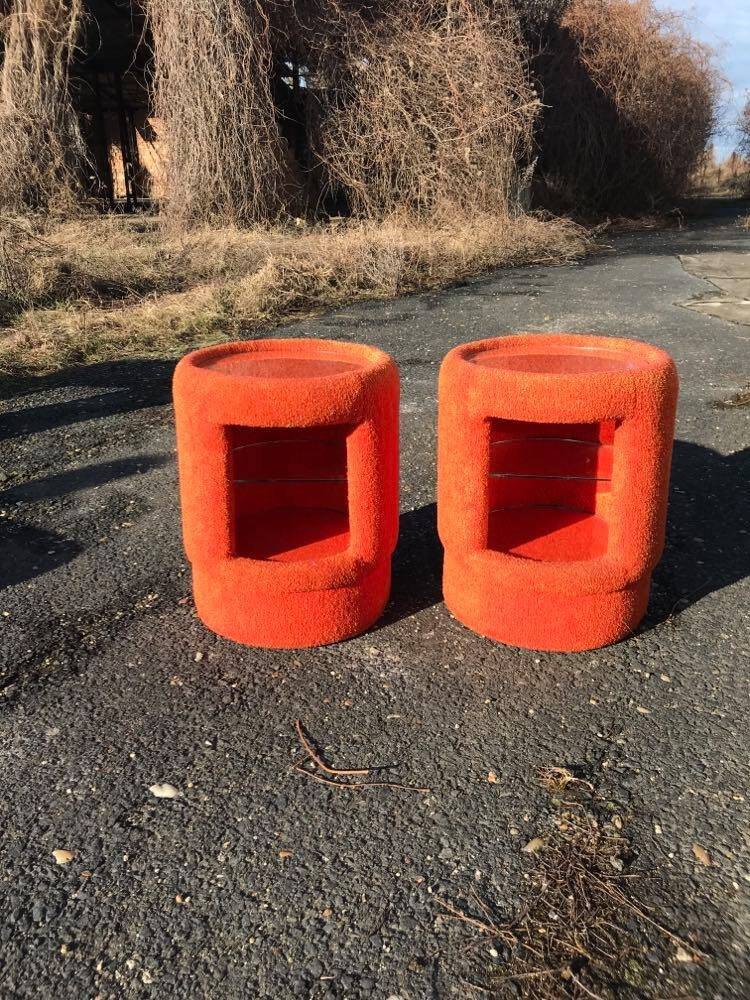 Vintage coral fabric dressing table set, 6 pieces (table, mirror, ottoman, bedside table)