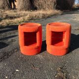 Vintage coral fabric dressing table set, 6 pieces (table, mirror, ottoman, bedside table)