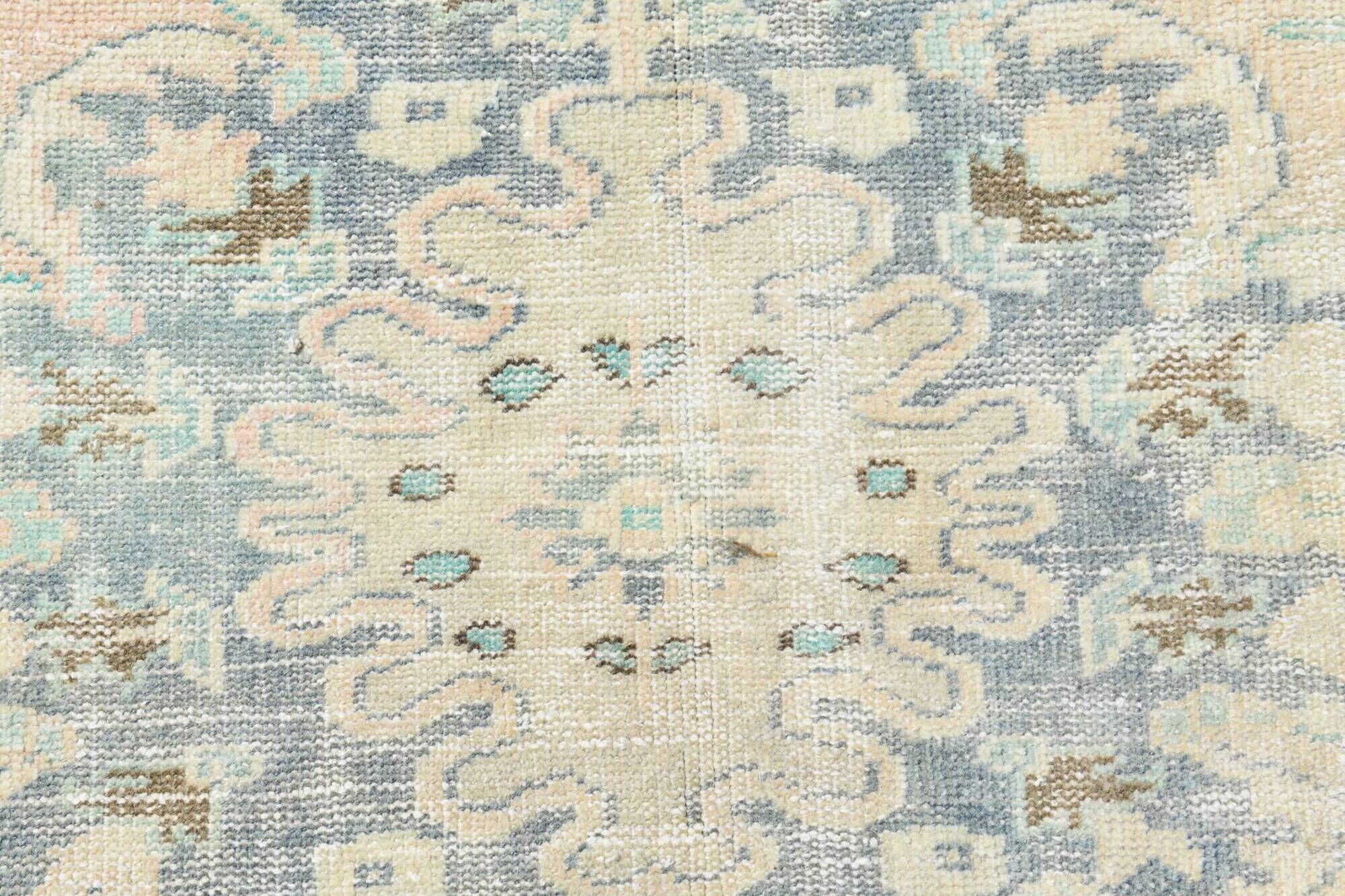 Tapis Oushak Vintage, Laine Turque Beige Pêche & Bleu Délavé, 159x227 Cm