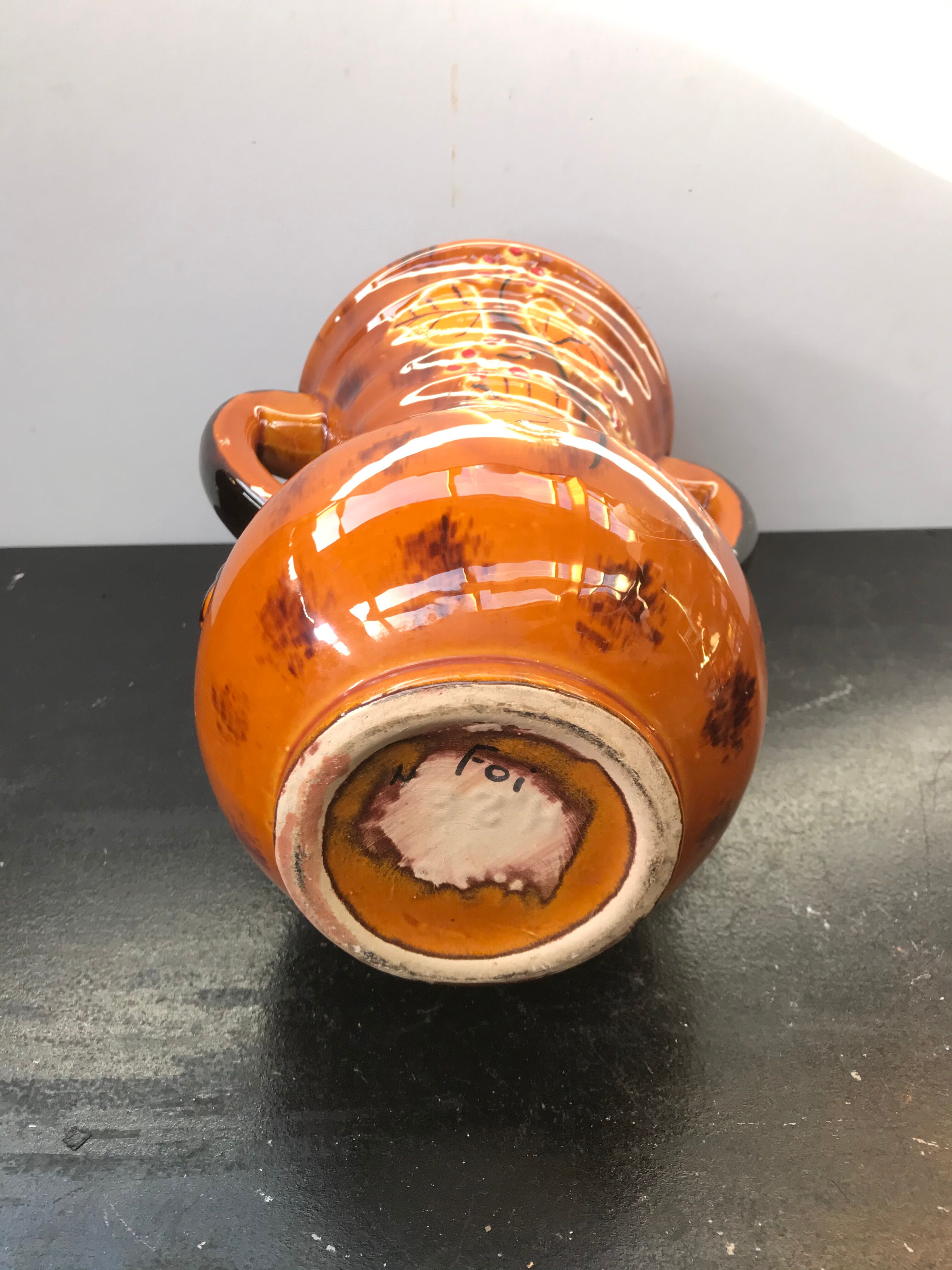 Ancient Vase With Autumn Ceramics Brown - Decor Leaves 70s Vintage