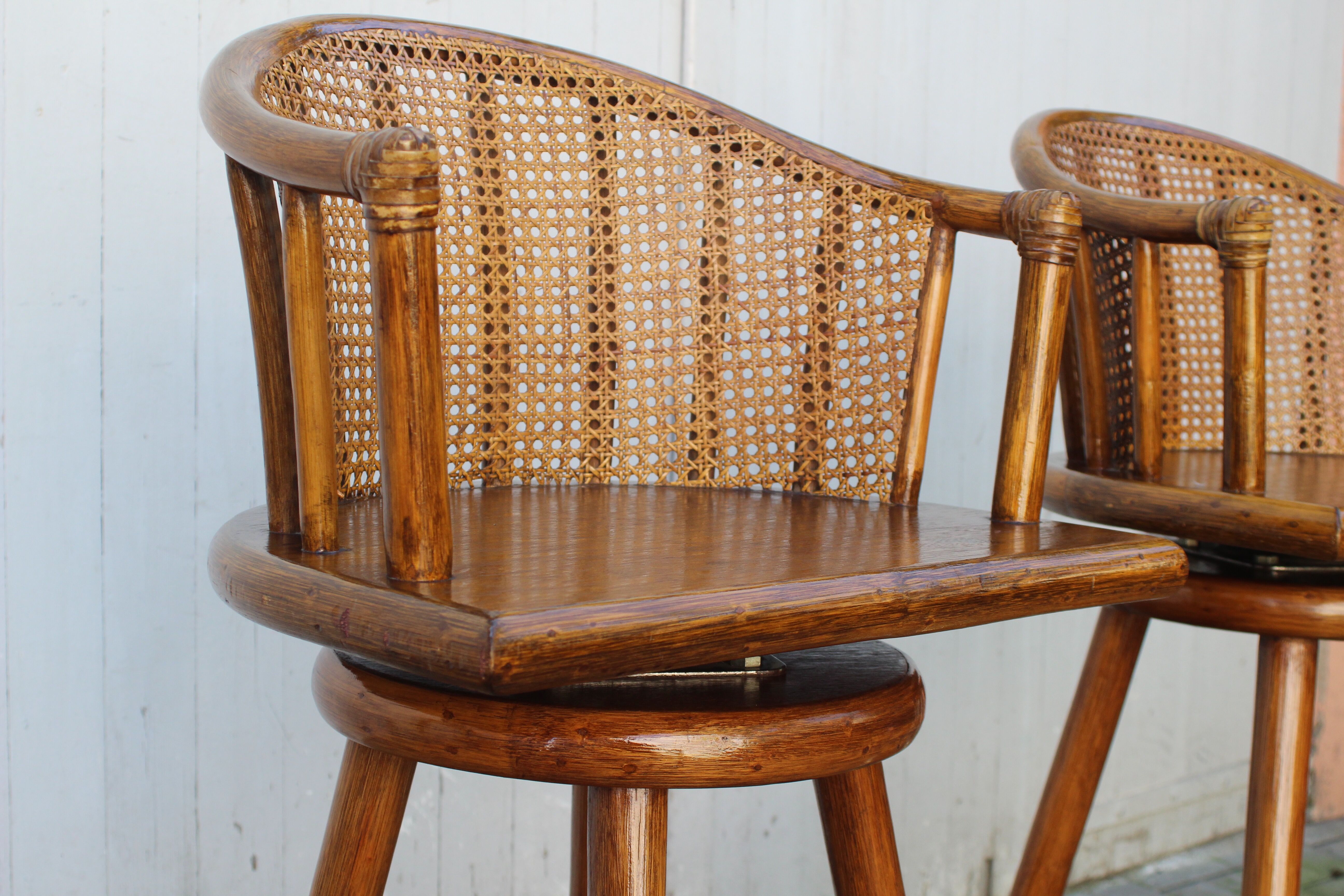 Pair of bamboo bar stools full canned colonial style 1960