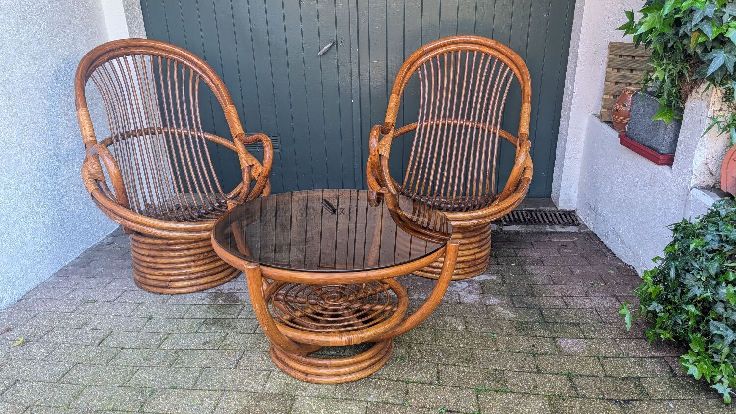 1970s spiral rattan lounge set