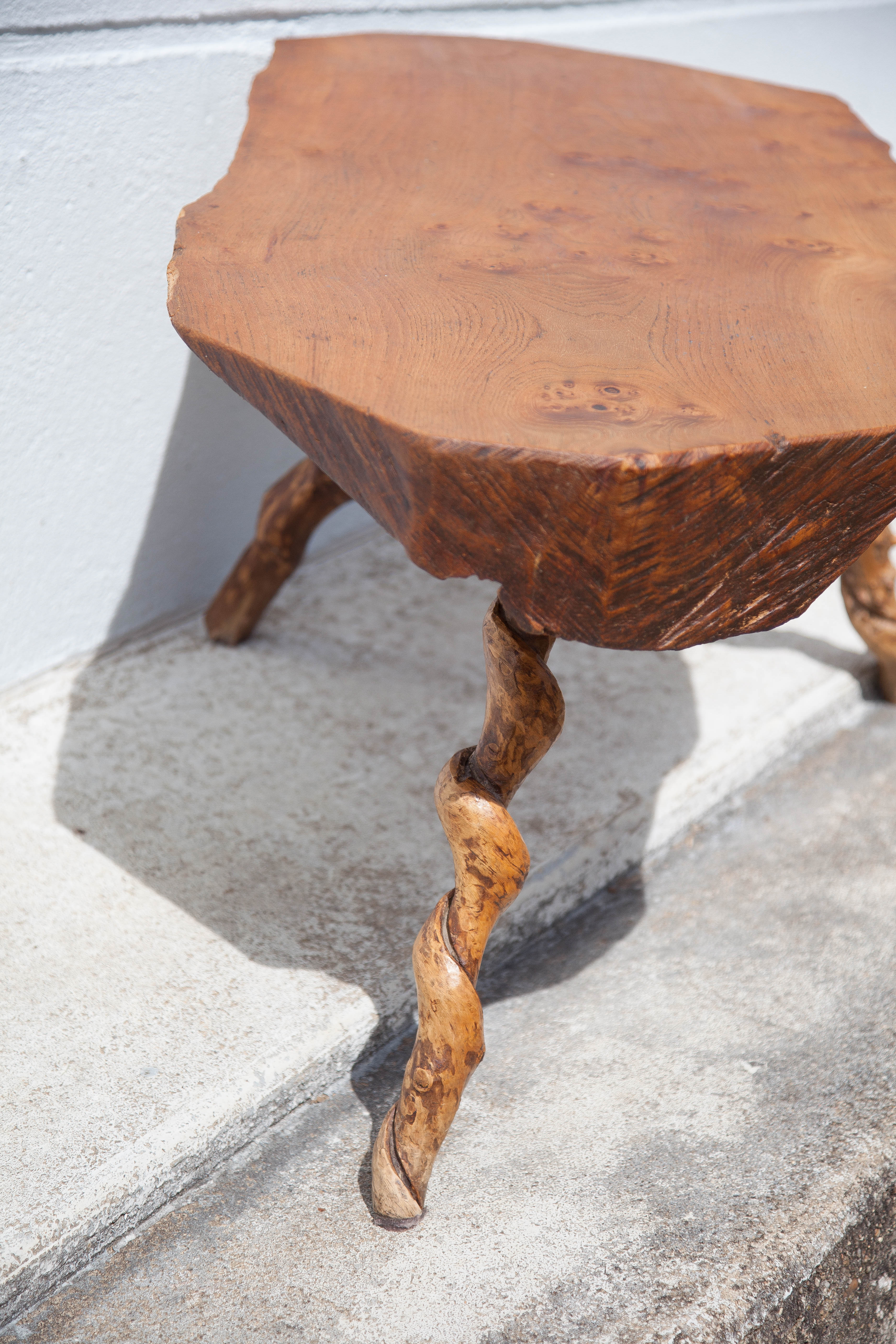 Tripod wood table, root table, natural wood table, vintage coffee table, brutalist