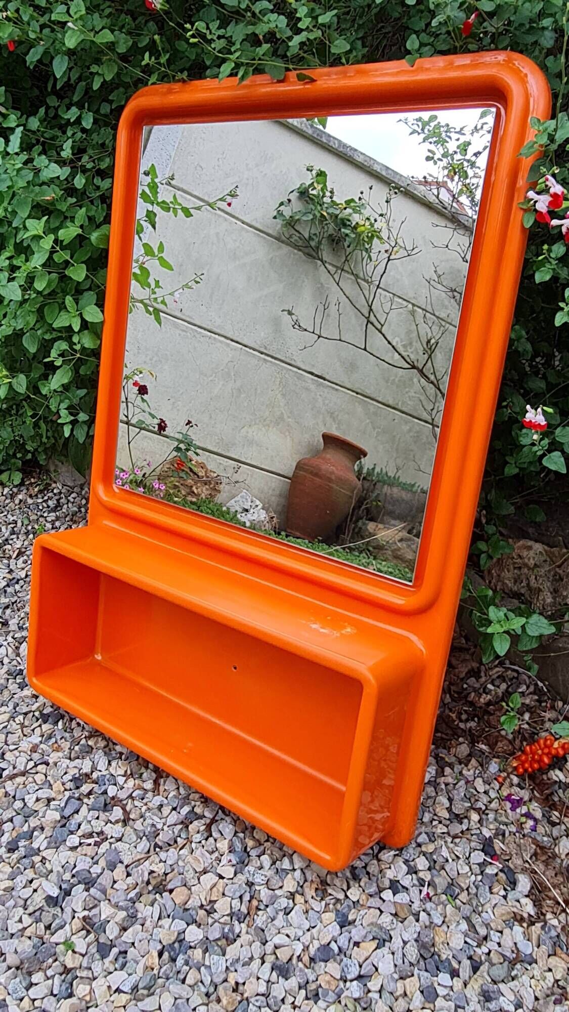 Vintage orange sixties molded plastic shelf mirror no shipping