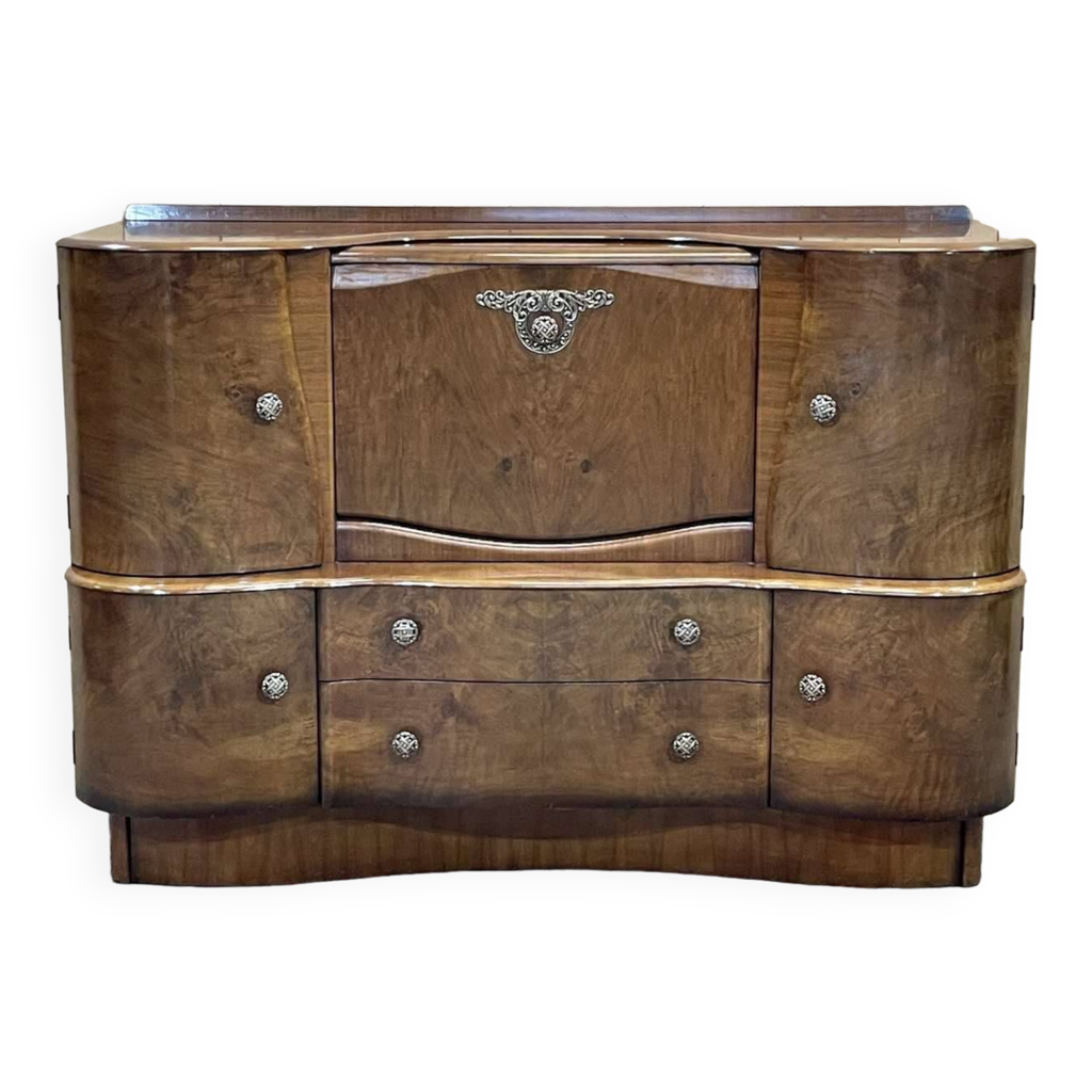 Bar Art déco anglais en loupe de noyer des années 1950 Selency