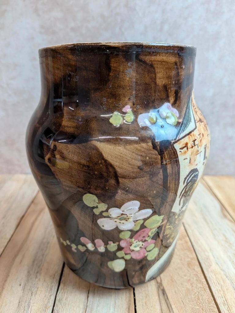 Antique flower pot in majolica by Théodore Lefront – rooster and hen – 19th century