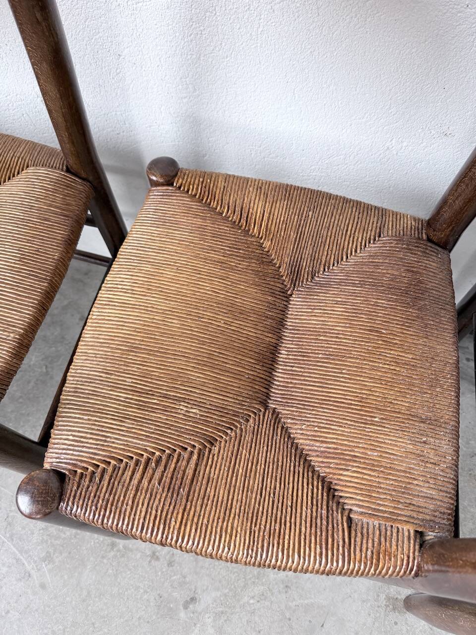 Set of 6 straw and oak Beauche chairs.
