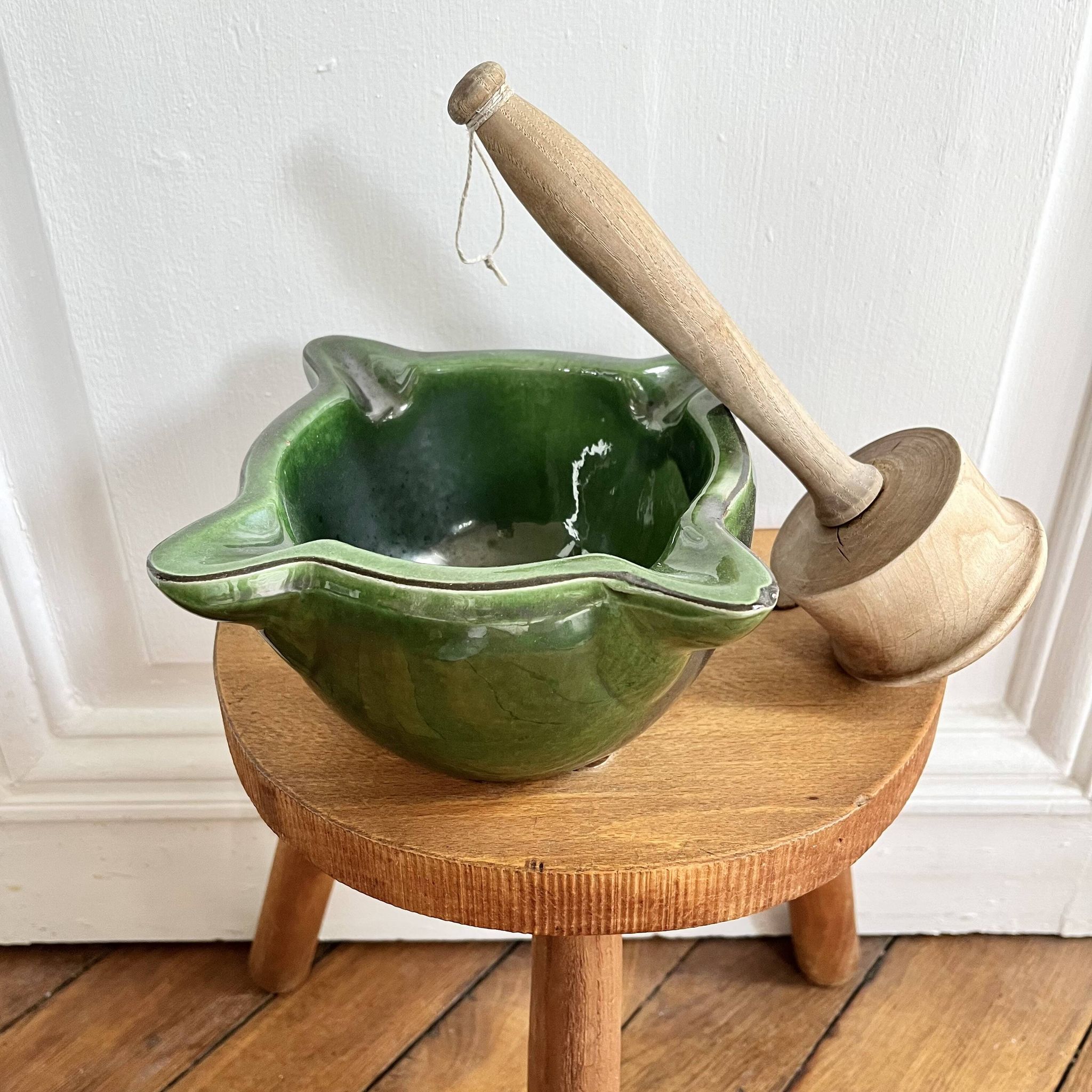 Ceramic mortar and wooden pestle