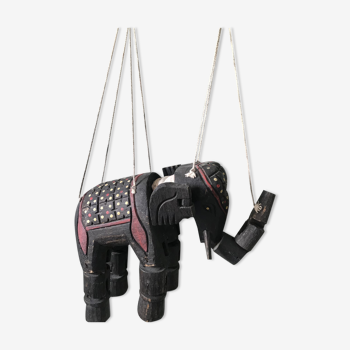 Marionnette articulée en forme d'éléphant, sculptée à la main vintage