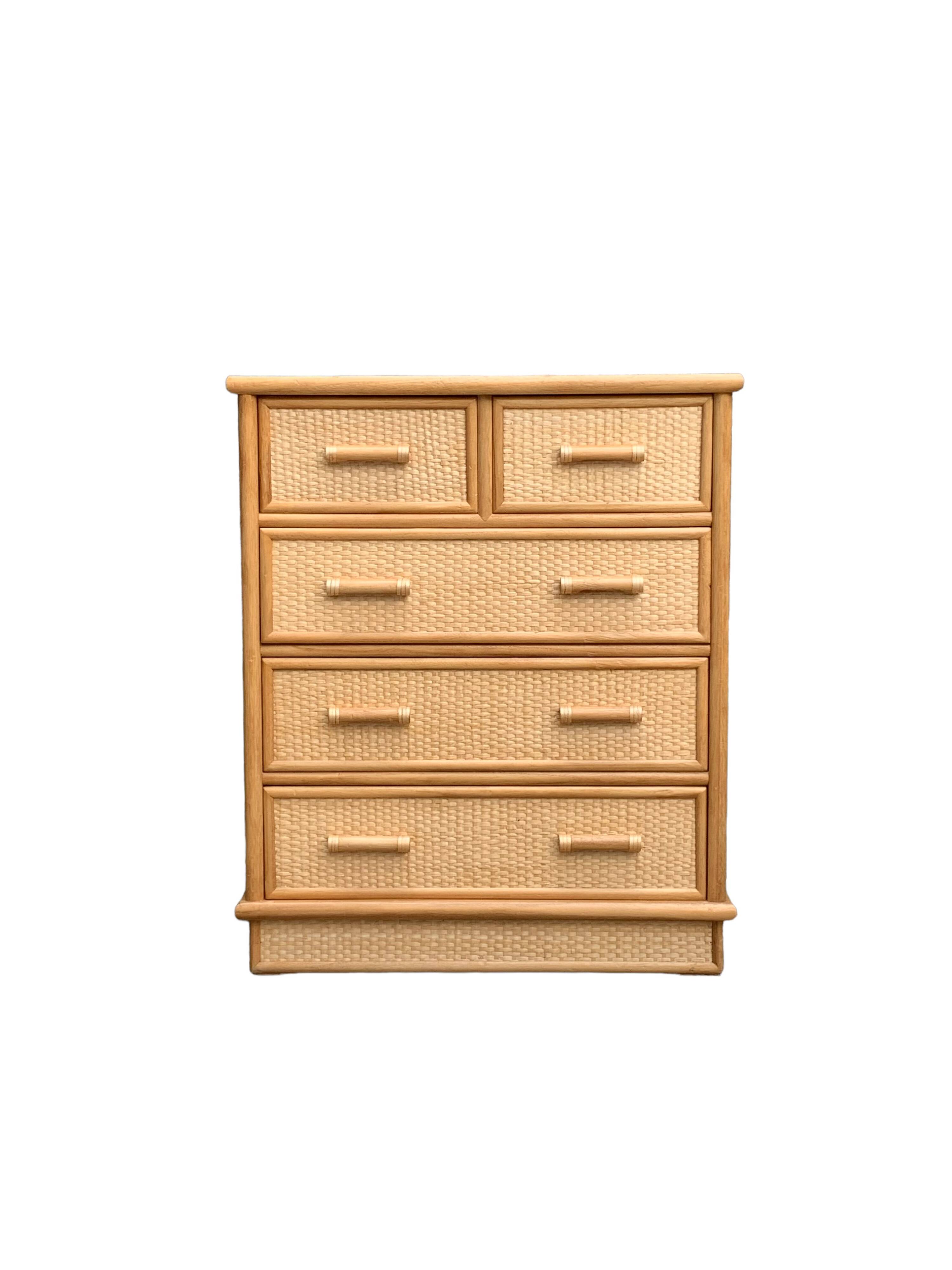 Rattan and woven wicker chest of drawers and mirror, 1970